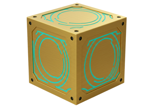 Isolated Box with Golden Texture and Turquoise Pattern, Cubic Geometric Object, Present