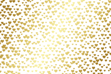 Repetitive pattern of hearts with metallic gold gradient on transparent background. Elegant romantic texture. Shimmering iridescent effect. Luxurious and festive style. Celebratory mood.
