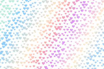 Hearts pattern with pastel rainbow gradient on transparent background. Soft colors from aqua green to lilac pink. Delicate and joyful texture. Sweet and inclusive mood.