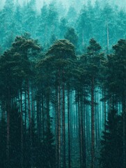 Moody forest landscape in heavy rain vertical view of tall trees and dense woods in a downpour nature scene