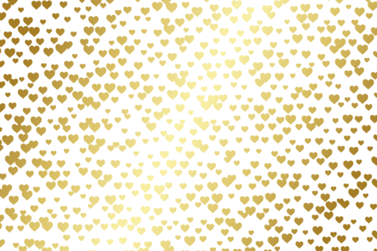 Repetitive pattern of hearts with metallic gold gradient on transparent background. Elegant romantic texture. Shimmering iridescent effect. Luxurious and festive style. Celebratory mood.