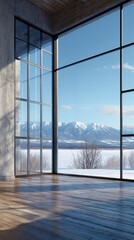 Fototapeta premium Modern Interior View of Snowy Mountain Landscape Through Large Window, Minimalist Design, Natural Light, Winter Season
