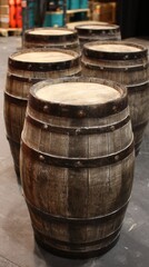 Rustic Oak Barrels Standing in Warehouse Setting Eye Level Shot of Aged Wooden Containers for Wine or Whiskey Storage