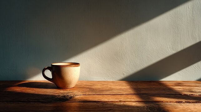 Minimal coffee cup on wooden table under warm morning sunlight, large blank wall background and soft daylight, concept of relaxation, calm lifestyle, simplicity and cozy interior mood.