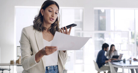 Phone call, paperwork and woman on loudspeaker in office, renewal agreement or deal negotiation for...