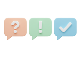 Isolated question, warning, and checkmark in pastel speech bubble, minimal 3D icons