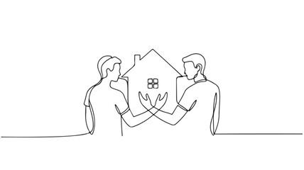 Two people holding hands around a house silhouette, symbolizing home and partnership.