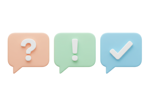 Isolated question, warning, and checkmark in pastel speech bubble, minimal 3D icons