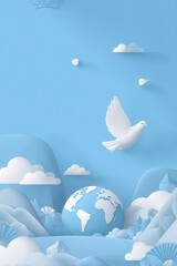 Dove flying over Earth in paper cut style on blue background concept of peace hope and environmental awareness vertical shot