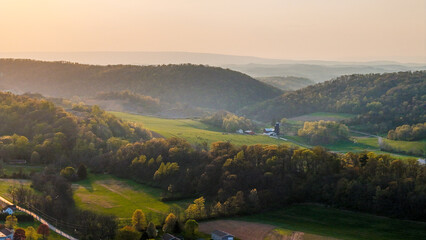 Aerial landscape of corn fields farmland mountains sunset rural Appalachia Central Pennsylvania © Andrew