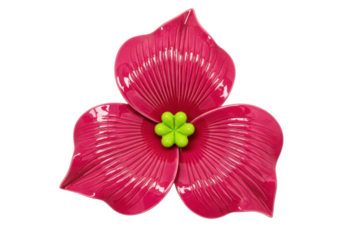 Isolated three-petal flower design, vibrant magenta-colored petals and green center detail