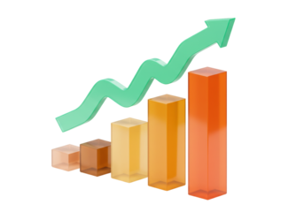 Isolated financial growth chart with increasing stacks and rising arrow on studio surface