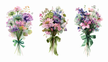Watercolor set of vintage bouquets of flowers. Field and meadow flowers in a bouquet tied with a green ribbon in a bow. Cute bouquets in a rustic and country style. Vector illustration.
