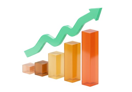 Isolated financial growth chart with increasing stacks and rising arrow on studio surface