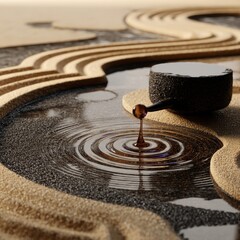 Zen Garden Water Drop Creating Ripples in Sand Close Up Soft Lighting Meditative Serene Still Life Concept