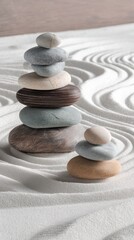 Stacked stones on sand in zen garden, balancing rocks, wellness concept, calm, meditation, mindfulness, harmony, peace, studio shot