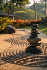 Zen Garden Stone Stack Balance in Sand at Sunset Eye-Level Shot Serene Landscape for Meditation and Spiritual Wellness in Tropical Location