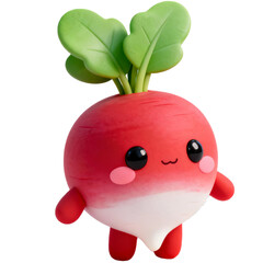 Cute 3D plush vegetable kawaii cut-out character. Funny radish with glossy eyes and smile. Cute garden mascot.