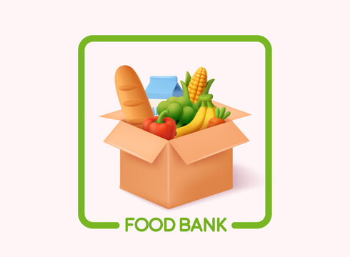 Charity food donation box with fresh groceries and text “Food Bank”. Social care and volunteer support concept. 3D Vector Web Illustration.