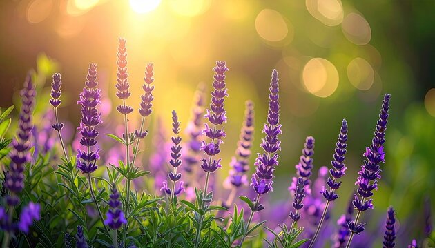 Close up of vibrant purple lavender flowers bathed in warm golden sunlight during a serene summer morning with a soft green bokeh background and gentle lens flare effect - Powered by Adobe