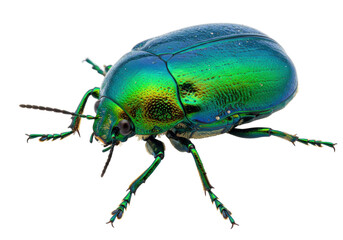 Isolated iridescent beetle, green metallic insect arthropod specimen with six legs and antennae