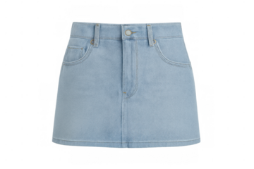 Light blue denim miniskirt with metal button and front pockets, stylish casual wear on transparent background