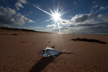 Washed Up Fish on Sandy Beach Under Bright Sun Low Angle Close Up Nature Photography