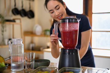 Photo set of a woman making a fruit smoothie in her home kitchen, reflecting a healthy and balanced daily lifestyle