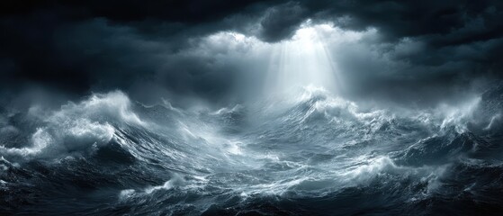 Dramatic Ocean Waves Crashing Under Dark Stormy Clouds with Sunlight Breaking Through High Angle Nature Photography