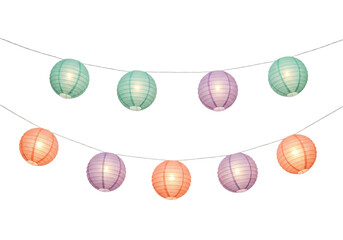 Isolated festive string lights of paper lanterns in teal, pink, orange on white backdrop