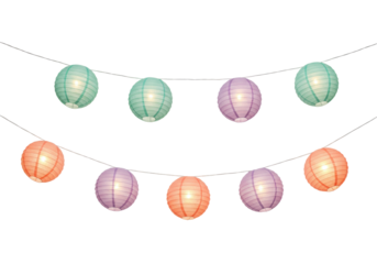Isolated festive string lights of paper lanterns in teal, pink, orange on white backdrop