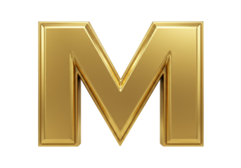 Isolated golden letter M on a white background with a glossy, reflective texture