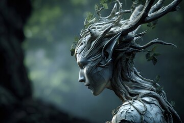 Mystic dryad's body transforming into tree bark and branches, symbolizing nature's spirit and fantasy mythology