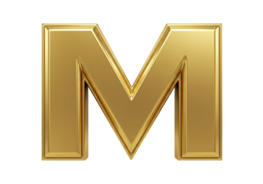 Isolated golden letter M on a white background with a glossy, reflective texture