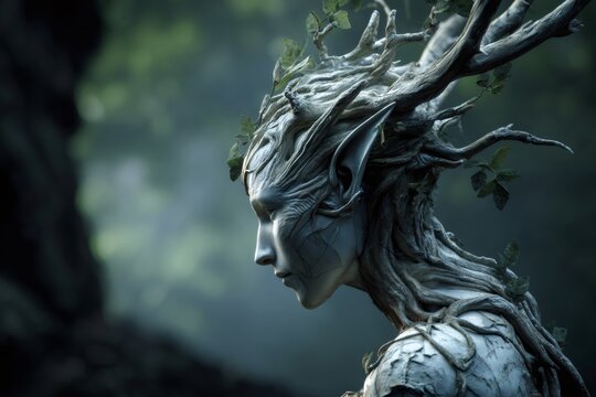 Mystic dryad's body transforming into tree bark and branches, symbolizing nature's spirit and fantasy mythology