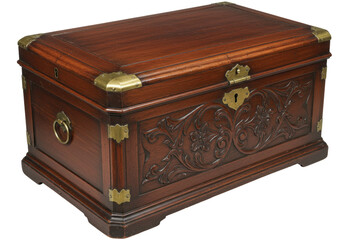 Isolated wooden chest antique, storage trunk with metal details, vintage decor, closed top box