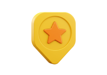 Isolated yellow location pin with orange star, destination marker for favorites, maps, place