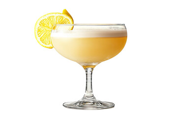 Yellow cocktail with lemon garnish in coupe glass, dark backdrop