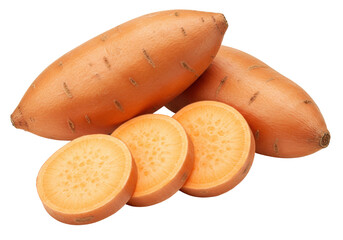 Isolated pile of sweet potatoes ready for cooking, showing slices of the healthy vegetable