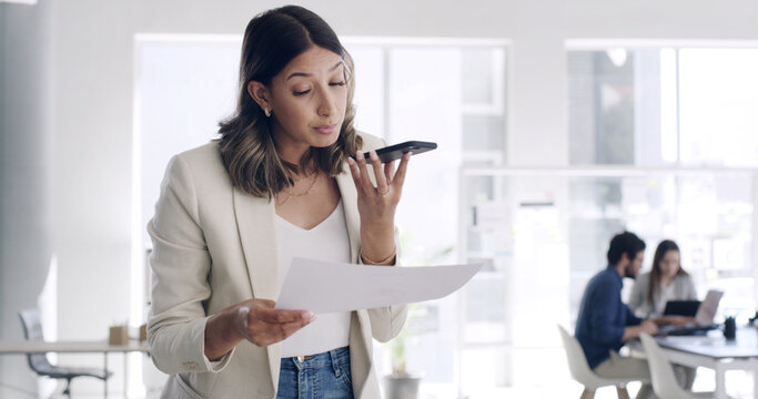 Phone call, document and woman talking in office, renewal agreement or deal negotiation for client. Coworking, mobile and contract manager speaking with paperwork, feedback or changes for partnership