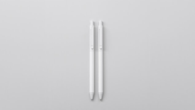 Two White Writing Implements Minimalist Still Life with Pens on Gray Background.