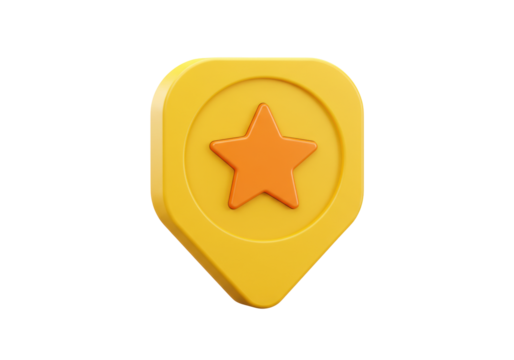 Isolated yellow location pin with orange star, destination marker for favorites, maps, place