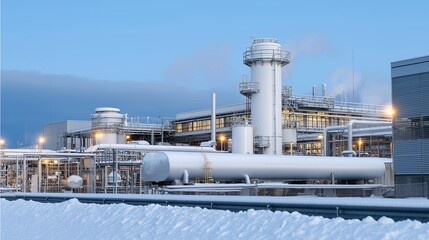 Obraz premium Industrial cryogenic plant with pipes, tanks, and frost-covered surfaces, emotion of technical expertise visible, symbolizing large-scale gas liquefaction, chemical industry innovation, and
