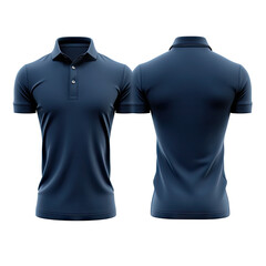 Dark blue polo shirt, front & back views. Neutral background