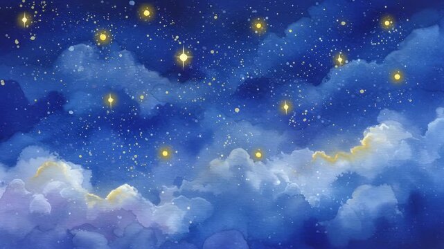 Watercolor night sky with ethereal blue clouds and twinkling golden stars moving across the celestial backdrop footage