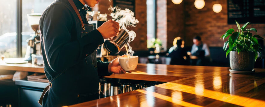 Barista pouring coffee into cup while standing at cafe counter