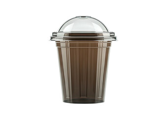 Brown liquid in clear plastic cup with dome lid