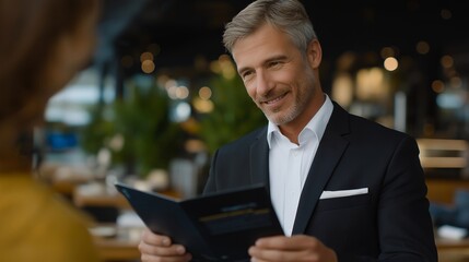 Agent handing brochure to potential buyer in a staged dining area, emotion of professionalism and engagement visible, symbolizing modern property marketing, client relationship building, and