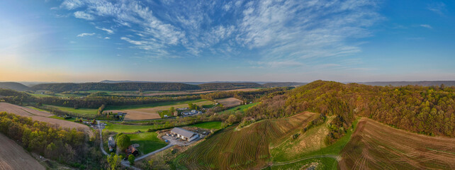 Aerial landscape of corn fields farmland mountains sunset rural Appalachia Central Pennsylvania © Andrew