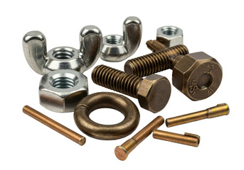 Isolated shot of fasteners including wing nuts, hex nuts, ring terminal, cotter pins, and bolts